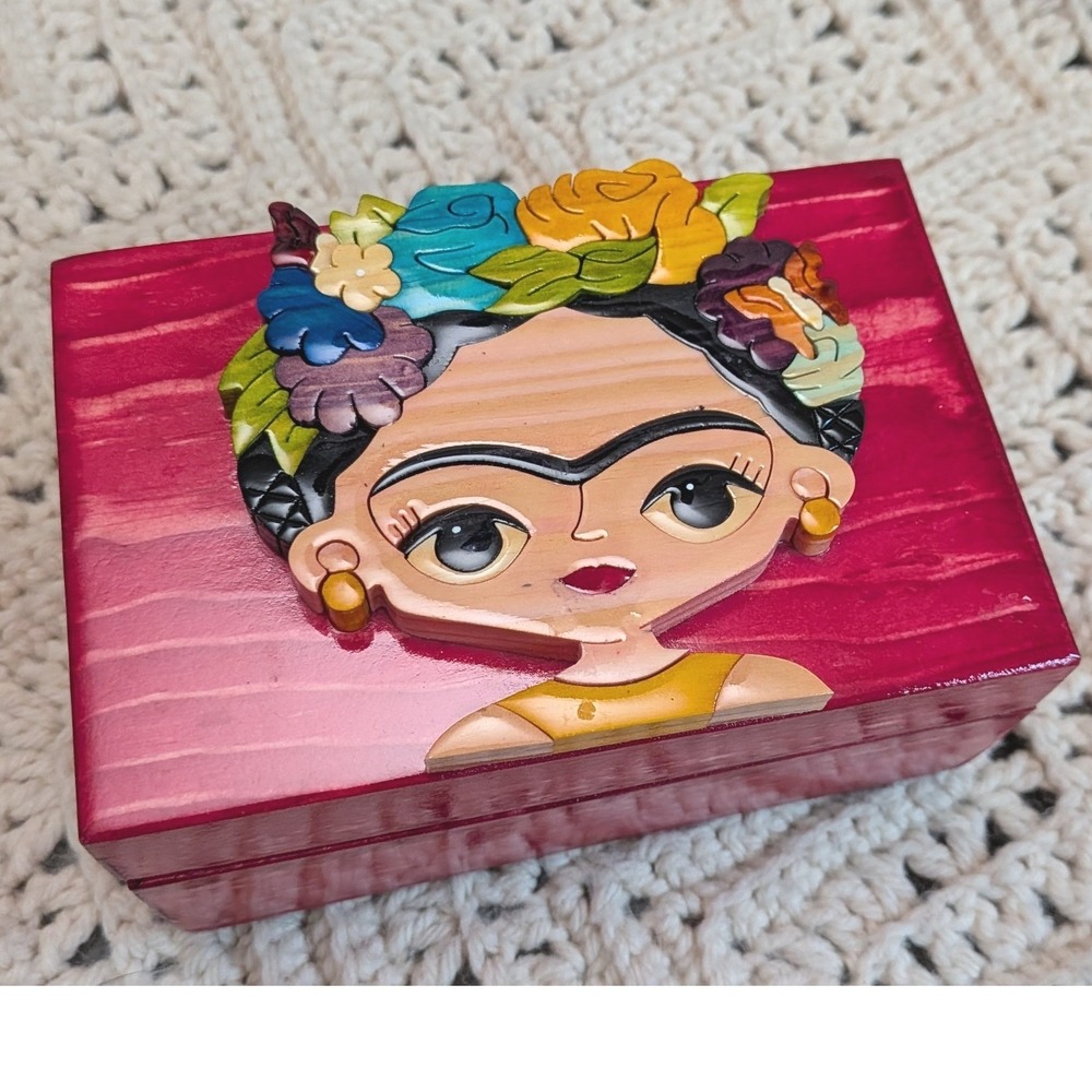 Frida Kahlo Handcrafted Wood Jewelry Trinket Box Magenta Intarsia Art Keepsake